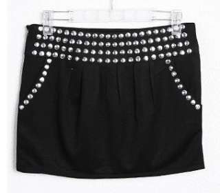 Stylish Rivets Embellished Short Skirt Black Elegant Pocket Womens 