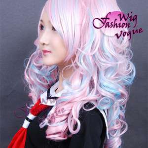 Lolita Stunning Long Curly Pink Mixed Blue Cosplay Hair Wig  