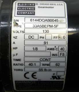 BODINE GEAR MOTOR CONVEYOR MOTOR 1/8 HP 130V 62 RPM /W CONTROLLER 