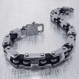 Mens Silver Black Stainless Steel Rubber Bracelet Chain  
