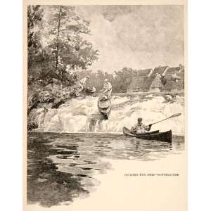  1893 Wood Engraving Weir River Rottenacker Germany Canoe Paddle 