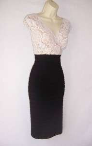 ADRIANNA PAPELL Ivory Lace/ Black Jersey V Neck Cocktail Evening Dress 