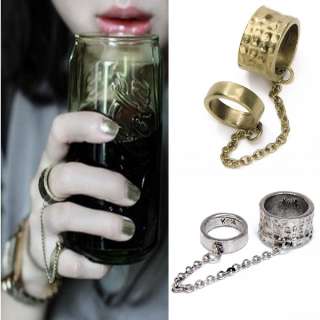 RETRO HAMMERED DOUBLE 2 TWO FINGER CONNECTOR SLAVE CHAIN KNUCKLE RING 