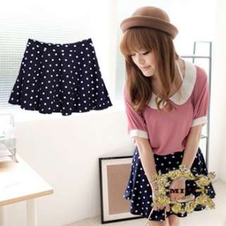 Sz S M New Women Navy with Dots Prints A Line Pleated Mini Skirt 