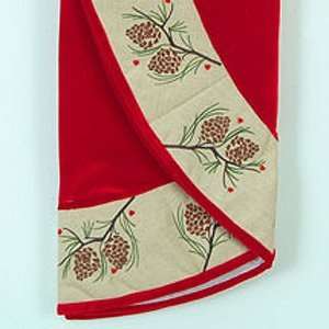   the Birches Red Christmas Tree Skirt with Embroidered Pine Cone Trim