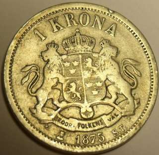 EXTREMELY RARE SILVER SWEDEN 1875 ST KRONA~FREE SHIP~  