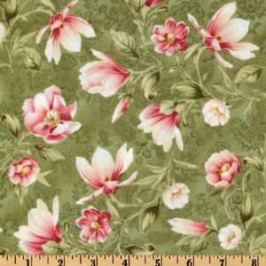  44 Wide Peony Tales Flowers Green/Pink Fabric By The 