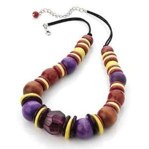 Multi Coloured Wood & Acrylic Bead Cord Necklace (Silver Tone)   40cm 