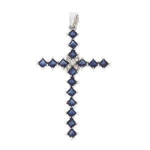   White Gold Genuine Blue Sapphire and Diamond Cross Pendant Jewelry