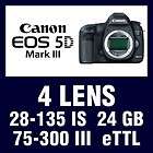 Canon EOS 5D Mark III DSLR Body + 4 Lens kit 28 135 IS, 75 300 + 24GB 