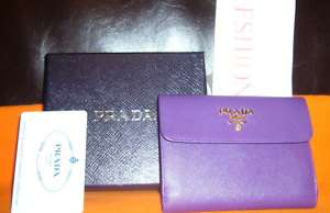NIB PRADA PURPLE FRENCH LEATHER WALLET GOLD LETTERS  