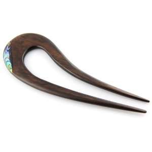   Wood Curved Drop Carved Design With Mother Of Pearl Inlay Hair Stick