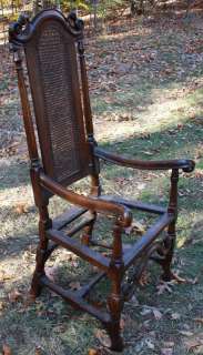 Rare Antique William and Mary Period Carved Walnut Caned Arm Chair c 
