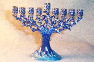 Blue Enamel Tree of Life~Star David~Hanukkah Menorah Candle Holder 