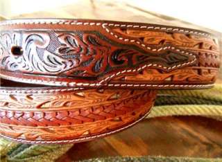 WESTERN HAND TOOLED LEATHER MENS BELT & BUCKLE  