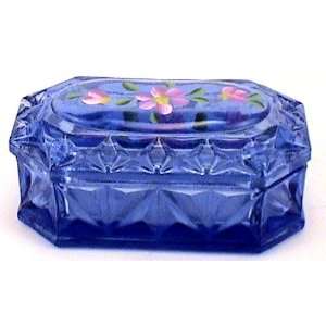 Trinket Box 6 Inch Blue With Hand Painted Flowers By Fenton Art Glass 