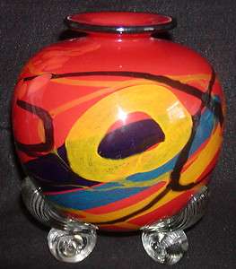   Nemtoi Blown Art Glass Collar Vase w/ Clear Glass Feet Cordoba Signed