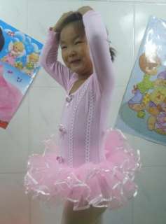 Pink Girl Party Long Sleeve Leotard Ballet Tutu Costume Dance Skirt 