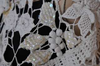   HAND CROCHET PONCHO OR COLLAR WHITE WITH GRAPES SEQUINS DECO  
