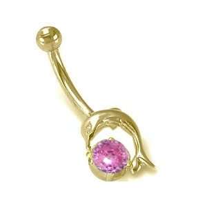 SEA ENCHANTMENT DOLPHIN with Pink Round CZ 14K Yellow Gold Navel Belly 