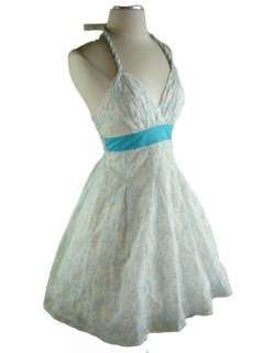 50s Style AQUA Florals Braided HALTER PINUP Sun Dress  
