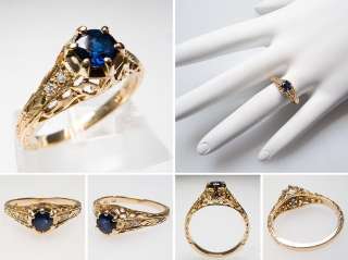 Vintage Blue Sapphire Diamond Engagement Ring Solid 14K Gold Filigree 
