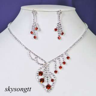  Red Clear Crystal Bridal Pendant Necklace Earrings Set T010R  