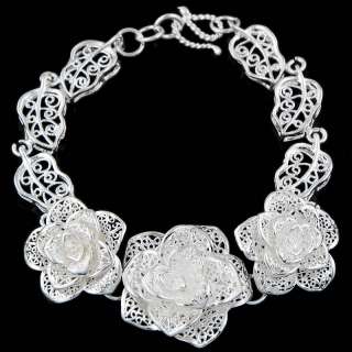 Elegant Silver Plated 3 Bloom Peony Leaf Link Bracelet  