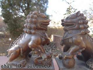 China Pure Purple Bronze FengShui Flower Foo Fu Dog Lion Bell Ball 