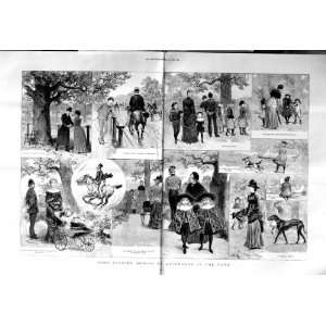    1884 AFTERNOON PARK CHILDREN HORSES BABY PRAM DOGS