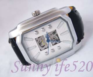 Retro Square Silver Leather Men Lady Self Winding Watch  