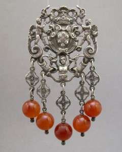 Vintage Peruzzi Style Silver Carnelian Bead Brooch Pin Necklace 