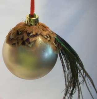 Gold Colored Handmade Christmas Ball Ornament Decorated w/Feathers 