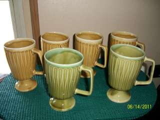 Vtg 6 Coffee Cups Mugs Pedestal Japan Gold & Green NICE  