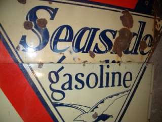 Old Seaside Gasoline Diecut Porcelain Sign w Seagull CA  