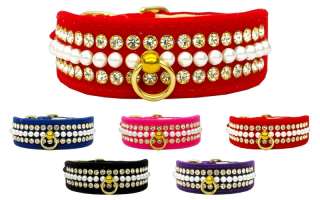 Velvet Mini Pearls and Crystals Pet Dog Collar  