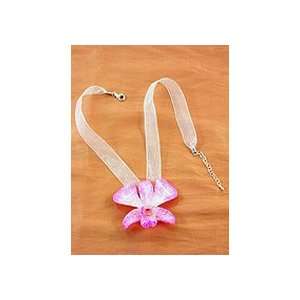    REAL FLOWER Orchid Pendant Necklace Ribbon 18in Pink Jewelry
