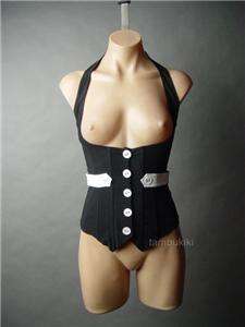 Black and white underbust corset vest. Elasticized halter neck for 