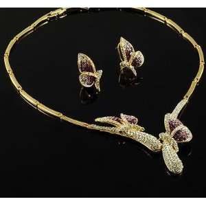 Wedding Bridal Prom Gold Plated Crystal Butterflies Necklace Earrings 