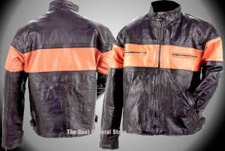 Mens Pebble Grain Black Leather Motorcycle Jacket with Orange Stripe 