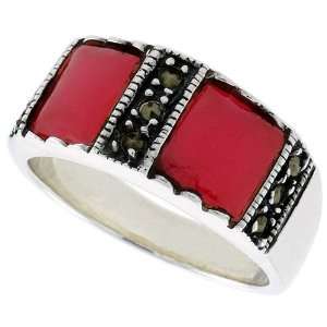Sterling Silver Oxidized Ring, w/ Two 7mm Square shaped Red Resin, 5 