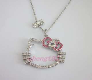   pink bow crystal pendant chain necklace eT15 kids lover gift  