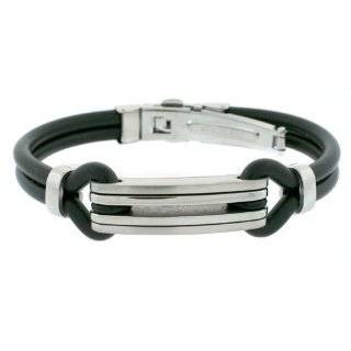 Mens Bracelet Leather Black Woven with Stainless Steel Magnetic 