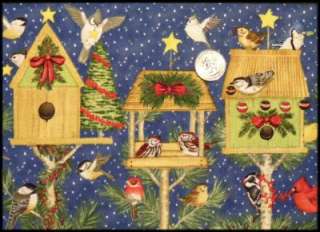 Christmas Cardinals Birds Birdhouses Striped Fabric  