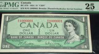 1954 $1 Bank of Canada 2 digit Radar 1000001 PMG 25  