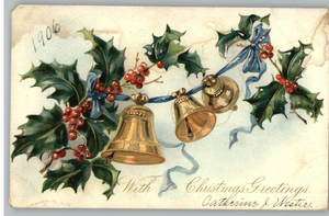 Old Tuck Postcard With Christmas GreetingsBells/Holly  