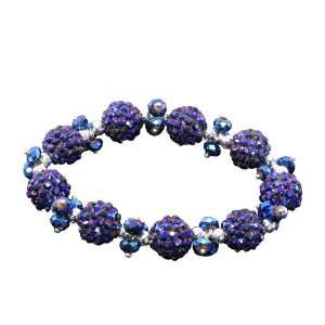 Royal Blue Faceted Crystals Peacock Disco Balls Silver Beads Bracelet 