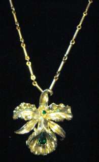 Vintage Pendant Earring Set Gold Orchids Green Stones  