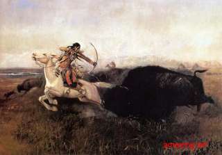 Hand Painted Western Painting Cowboy Hunting Buffalo  