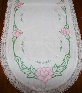 Vintage Hand Embroidered Table Scarf Pink flowers  